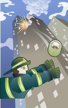 Firefighter catching a falling baby boy