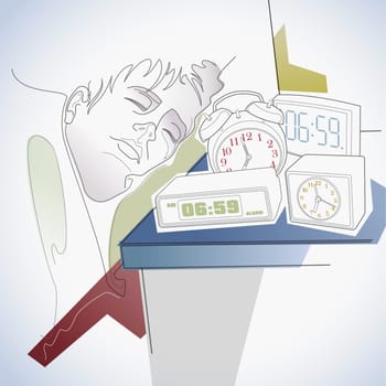 Man sleeping with assorted alarm clocks
