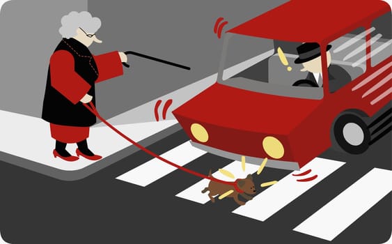 Woman crossing the road with her dog in front of a car