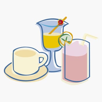 cup of tea with two glasses of juice