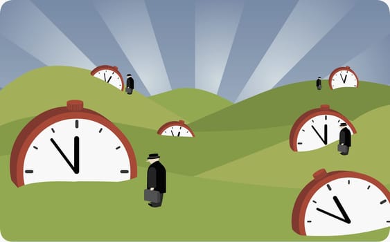 Businessmen standing on a landscape with alarm clocks