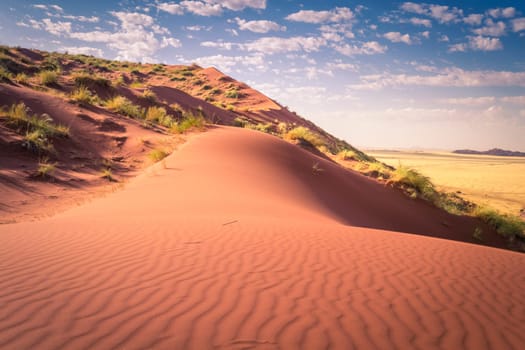 Sand dunes of Namibia, showing waves in the dry and arid sand, on a clouded blue sky