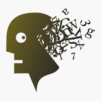 Numbers and letters coming out of a human head