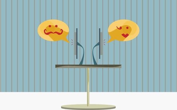 Male and female faces near a computer monitor