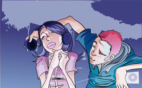 Girl listening to music with a boy