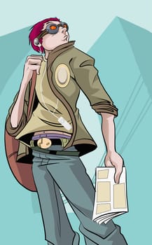 Boy carrying a backpack and listening to music