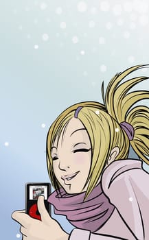Woman holding an MP3 player and smiling