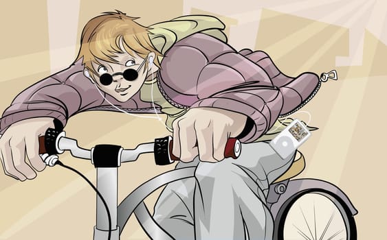 Boy riding a bicycle and listening to music