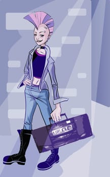 Woman walking with a stereo in her hand