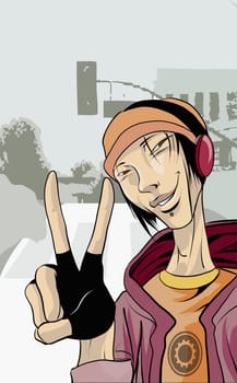 Boy showing a peace sign