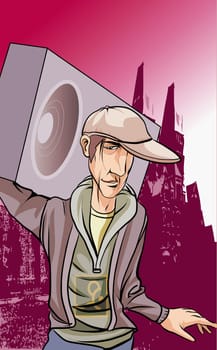 Man carrying a speaker on his shoulders