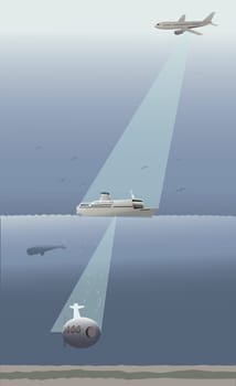 Search light from an airplane on a cruise ship
