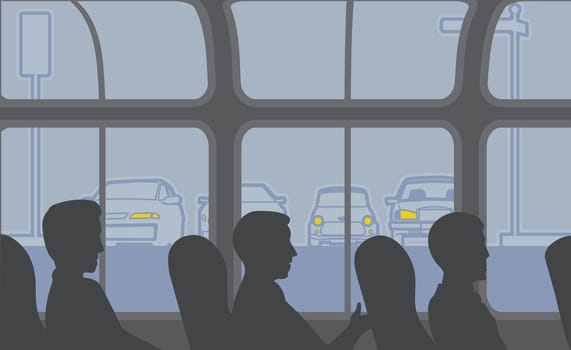 Three people sitting in a bus