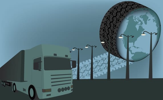Semi-truck on the road near a tire showing the world map