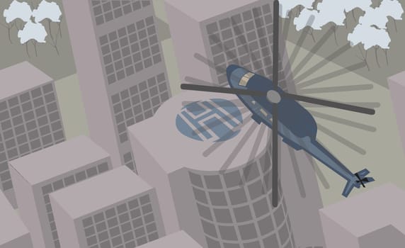 Helicopter flying over buildings