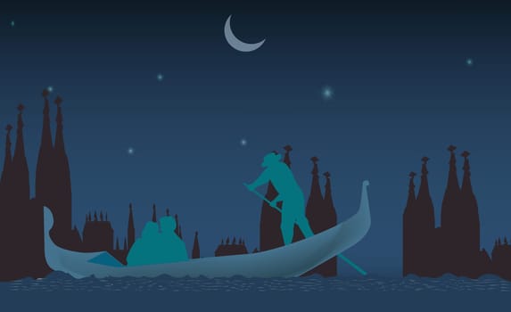 Silhouette of three people on a gondola at night