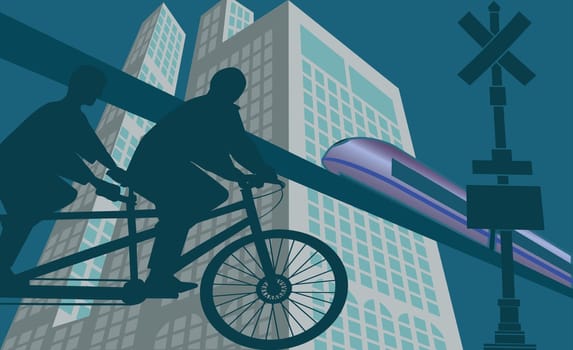 Silhouette of two people riding a tandem bicycle