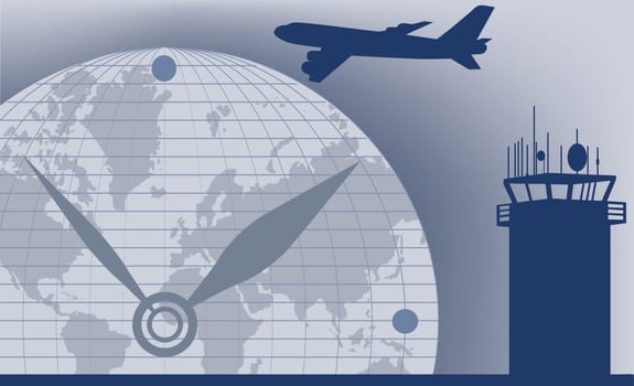 Airplane flying over a globe