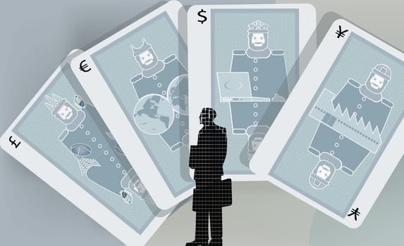 Businessman standing in front of cards with currency symbols