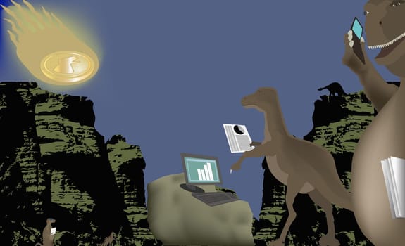 Two dinosaurs using a mobile phone and a laptop