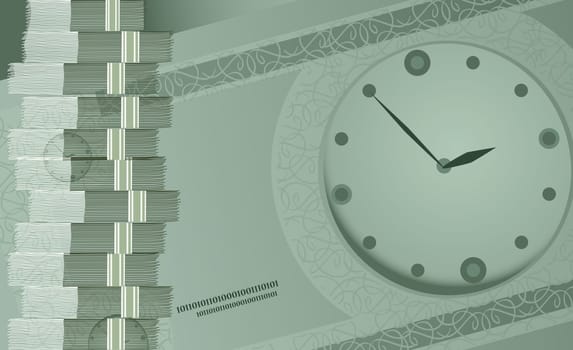 Stack of paper money beside a wall clock