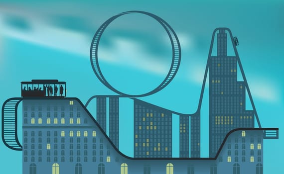 Group of people on a rollercoaster in a city