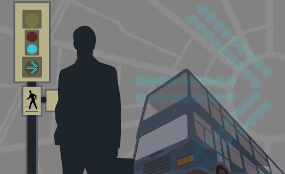 Silhouette of a man standing near a traffic light