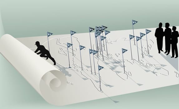 Four people and flags on a map
