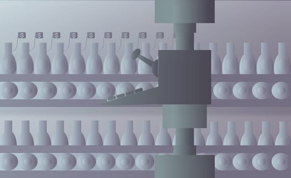 Close-up of a lathe in front of bottles on a conveyor belt