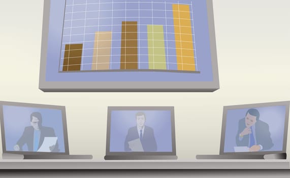 Three businessmen on laptop screens