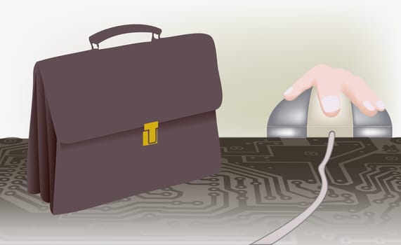 Briefcase and a human hand on a mouse