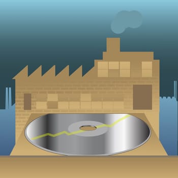 Close-up of a CD in front of a factory