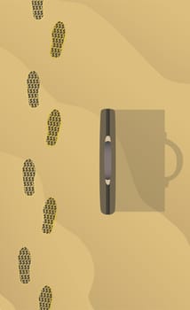 High angle view of footprints and a briefcase