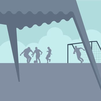 Four people playing soccer on a soccer field