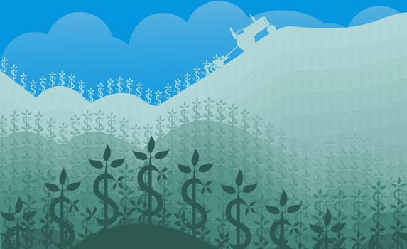Dollar signs growing in a field