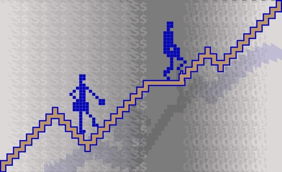 Two businesspeople climbing on graph line stairs