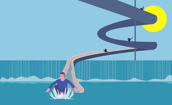 Man sliding on a slide at an amusement park