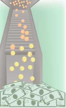 Coins changing into dollar bills