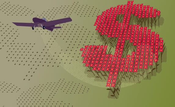 Airplane spraying fertilizer on a dollar sign in a field