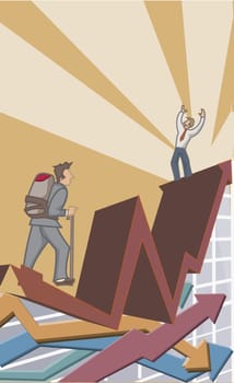 Two businessmen climbing up a line graph