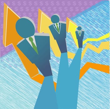 Three businessmen with three arrow signs beside them