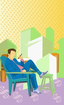 Businessman sitting on a chair in front of office buildings