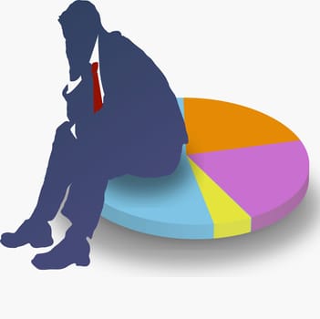 Businessman sitting on a pie chart and thinking