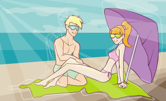 Man applying lotion on a woman's leg