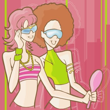 Two young women looking in a hand mirror