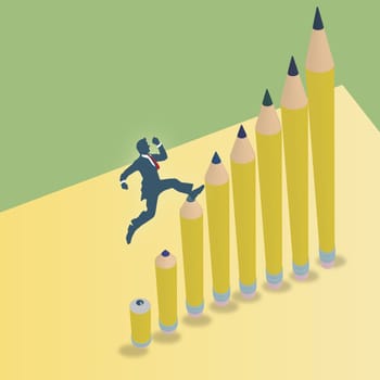 Businessman walking up pencils