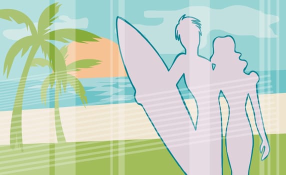 Man holding a surf board and standing with a woman