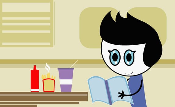 Boy reading a book in front of a table