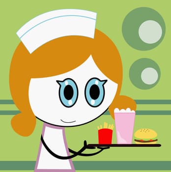 Waitress holding a tray of food