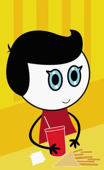 Boy holding a glass and sitting in a restaurant
